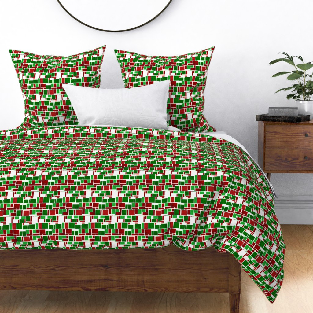 Bold Retro Geometric Boho Mod Mondrian Inspired Red and Green Christmas Duvet Cover