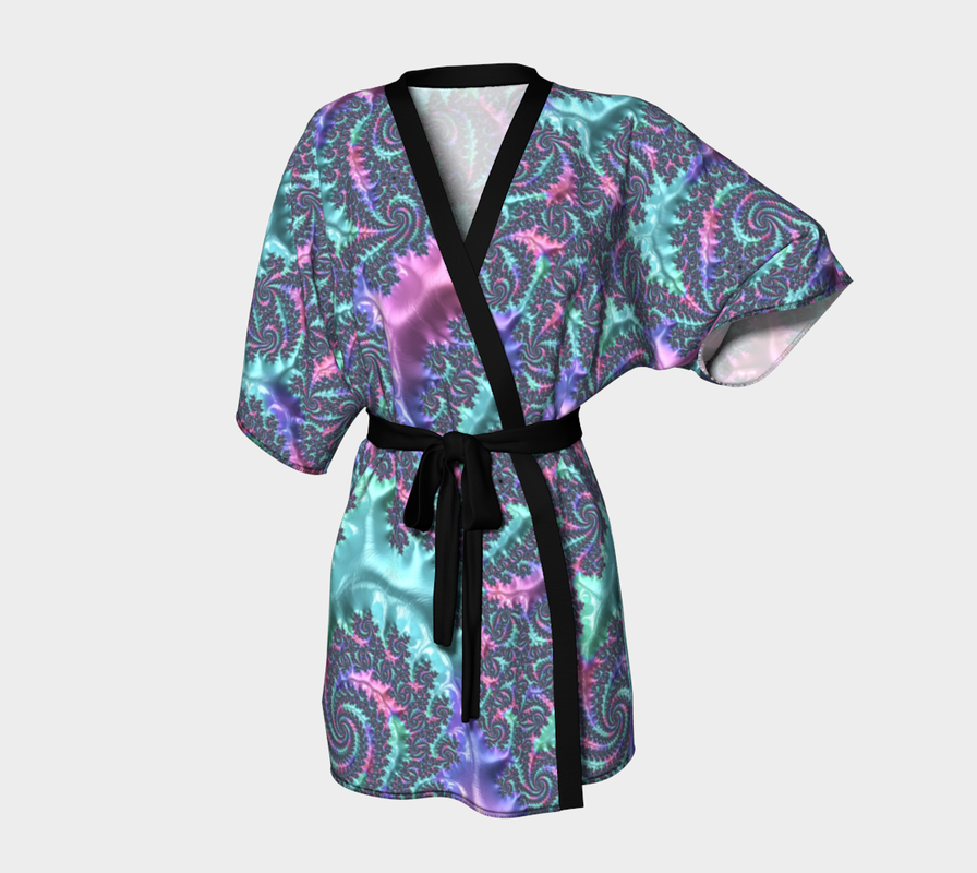 Trippy Groovy Pastel Blue Pink and Purple Fractal Art Kimono Robe