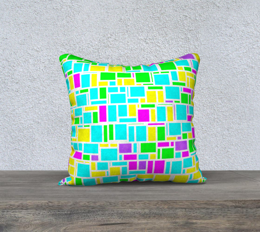 Colorful Neon Cyan Magenta Yellow Green and Purple Retro Midcentury Modern Geometric Mondrian Style Abstract Art Pillow